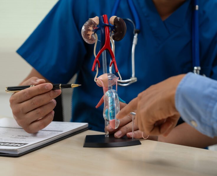 A male doctor sits works at the table, explaining the urinary system and penile health to anxious